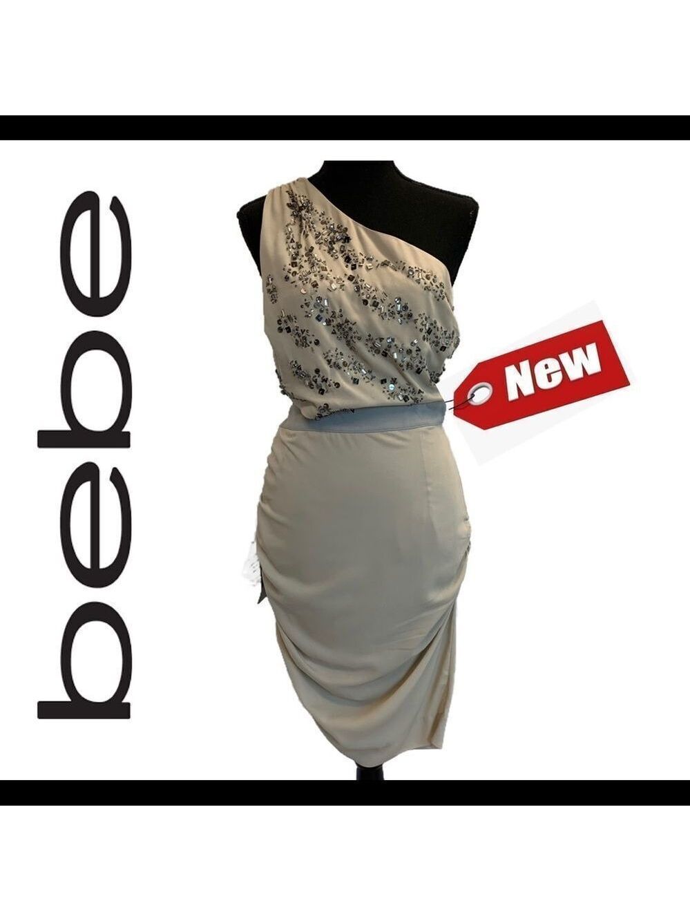 BEBE beige hand beaded one shoulder cutout ruched mini dress Sz M NWT 🔥